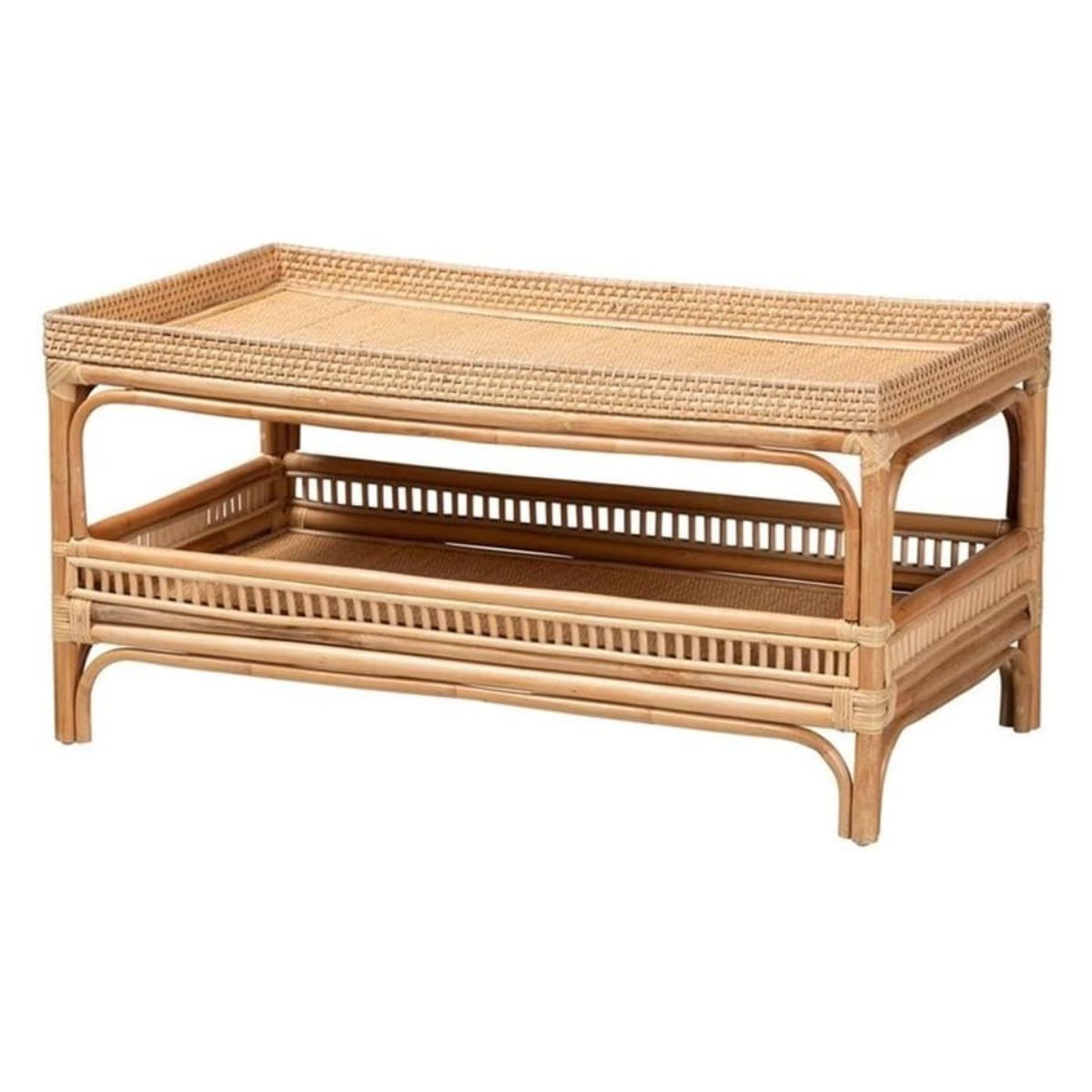 Rectangular rattan coffee table with raised edges, woven top surface, and a lower shelf for storage—get the Serena and Lily look for less.