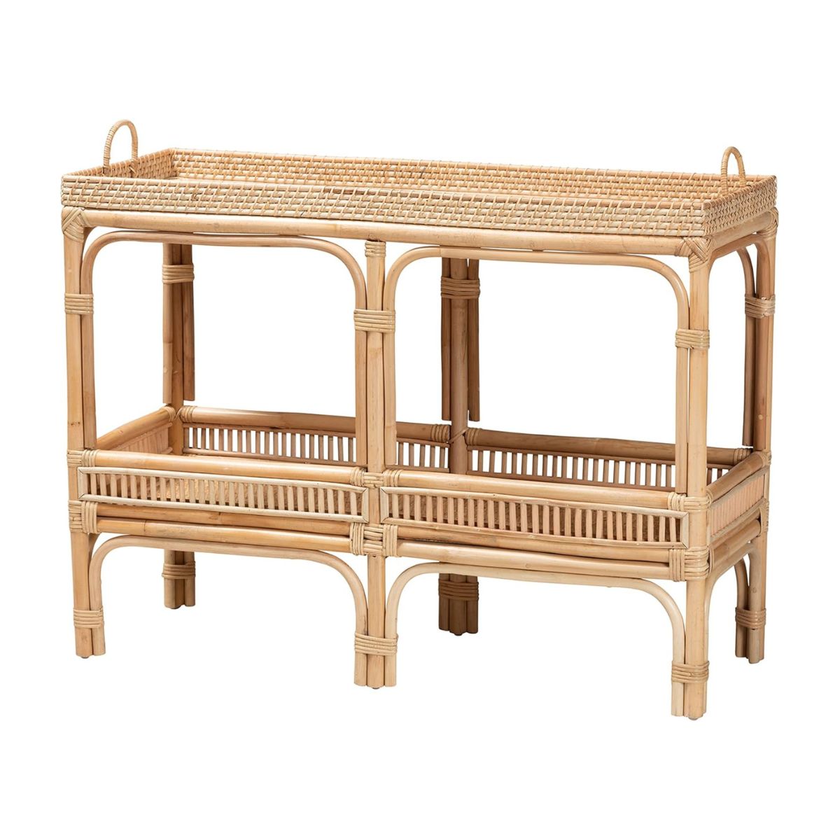 A rectangular wicker console table with two shelves and open sides, crafted from light-colored rattan material for a chic serena and lily look for less.