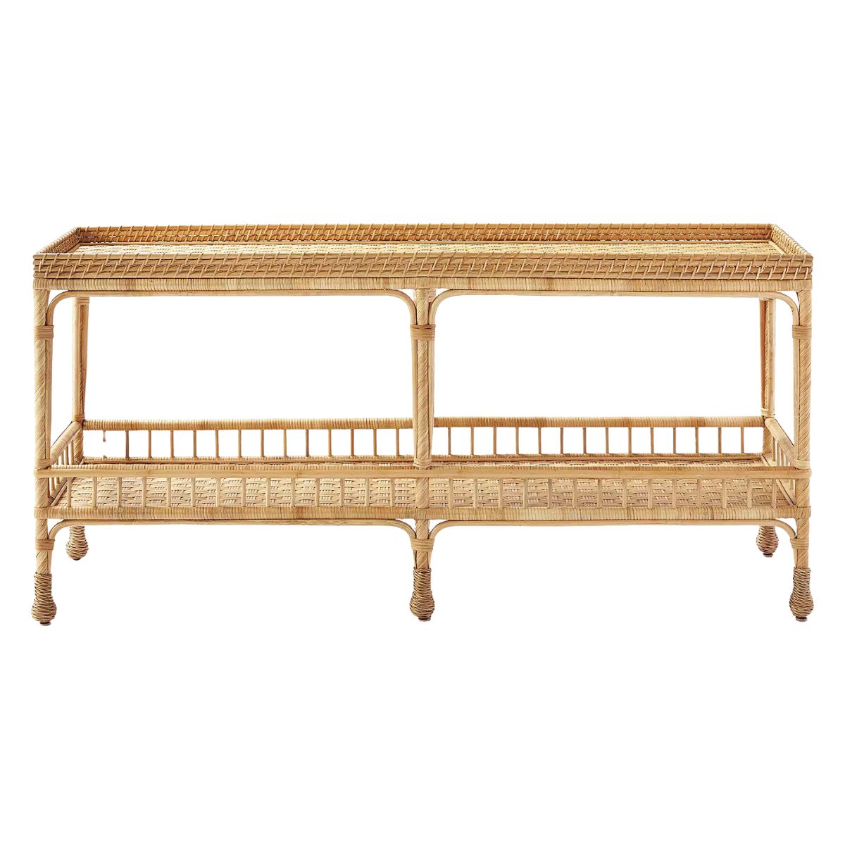 Rectangular wicker console table with an open shelf below and decorative woven details, supported by four curved legs—a perfect serena and lily look for less.