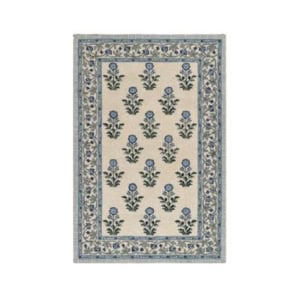 Rectangular area rug with a cream background, blue floral motifs arranged in rows, and a decorative blue and green floral border—perfect for any space. Refer to our rug size guide to find the ideal fit for your room.