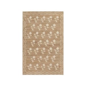 Rectangular beige rug with a white floral pattern arranged in rows and a wavy border design—refer to our rug size guide to find the perfect fit for your space.