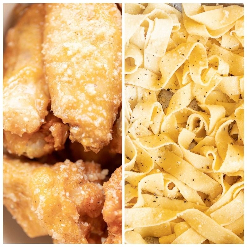 Left: Golden fried chicken wings drizzled with a rich garlic parmesan sauce. Right: Cooked pasta seasoned with pepper.