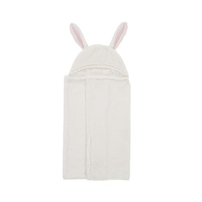 White baby towel with a hood featuring pink-lined bunny ears, shown laid flat on a white background—perfect as one of your Easter basket fillers for little ones.