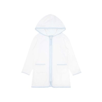 White hooded children's jacket with front zipper, long sleeves, and two front pockets, featuring light blue trim—perfect as a cozy addition to Easter basket fillers.