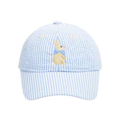 Light blue and white striped baseball cap with an embroidered beige rabbit wearing a blue bow on the front—perfect for Easter basket fillers.