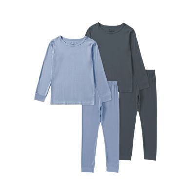 Two sets of children's pajamas, each with a long-sleeve top and pants—one light blue, the other dark gray—make cozy Easter basket fillers for little ones.