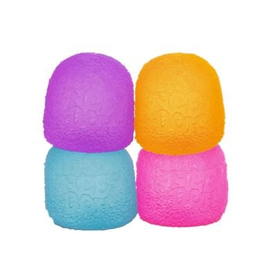 Four textured, dome-shaped toy blocks in purple, orange, blue, and pink are stacked in two rows against a white background—perfect as colorful Easter basket fillers for kids.