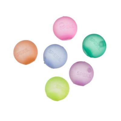Six round, smooth balls in pastel colors—orange, pink, green, blue, purple, and yellow—arranged in a loose group on a white background make perfect Easter basket fillers.