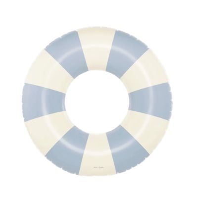 A round inflatable swim ring featuring alternating light blue and white vertical stripes, perfect for pool fun or as a creative Easter basket filler.