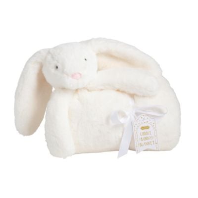 A soft, white plush bunny toy wrapped around a matching blanket, tied with a white ribbon and a tag that reads