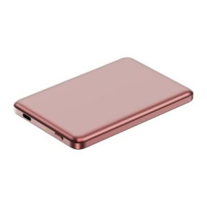 A slim, rectangular, rose gold external hard drive with rounded edges, featuring a USB-C port and indicator lights—perfect as unique easter basket fillers for tech enthusiasts.
