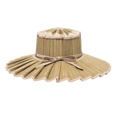 Wide-brimmed, pleated straw hat with a beige ribbon and bow, featuring a structured crown and light-colored trim along the edges—perfect as a charming addition to your Easter basket fillers.