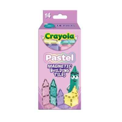 Box of Crayola Pastel Magnetic Building Tiles, 14 pieces, featuring pastel-colored tiles and a green crayon character—perfect as Easter basket fillers for creative springtime fun.