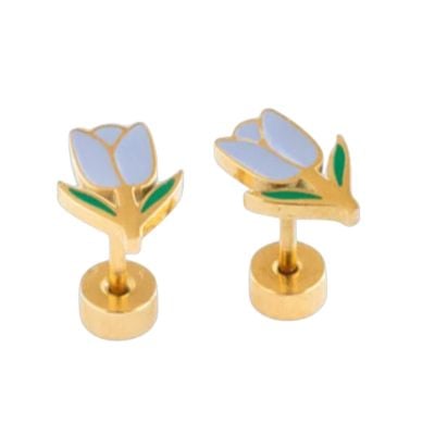 A pair of gold stud earrings shaped like tulip flowers with white petals and green leaves, perfect as charming Easter basket fillers.