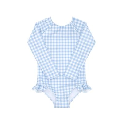 Light blue and white gingham long-sleeve one-piece swimsuit with ruffle details at the leg openings, perfect as a playful option for Easter basket fillers. Displayed on a white background.