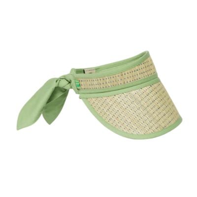 A woven straw visor hat with a wide brim and a light green fabric band and tie at the back—perfect as one of your Easter basket fillers.