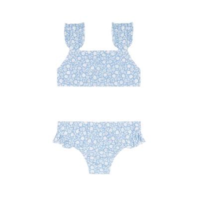 Light blue two-piece swimsuit with a white floral pattern, featuring ruffled shoulder straps and ruffled bikini bottoms—perfect as a cute and stylish option for Easter basket fillers.