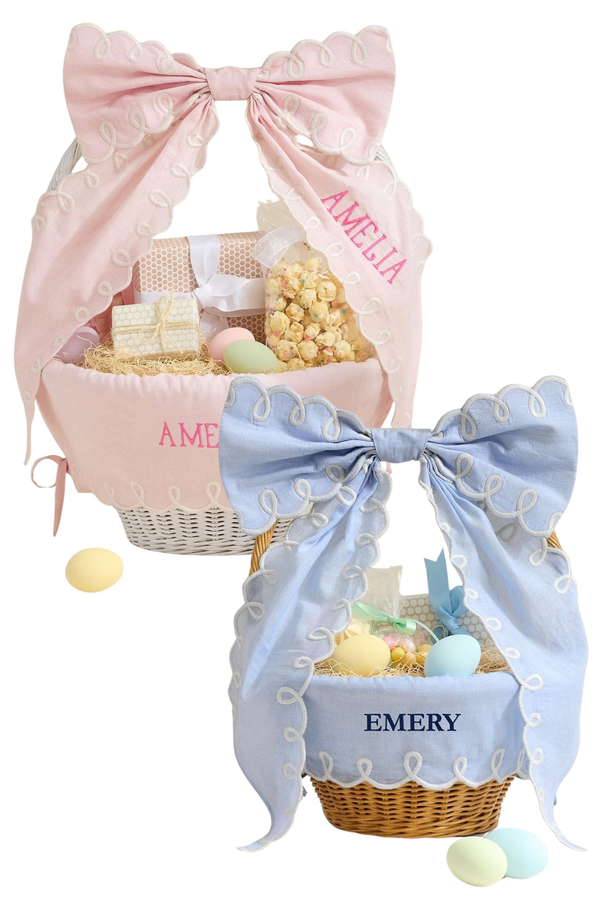 Two Easter baskets—one with a pink bow labeled