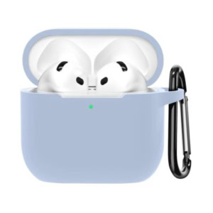 A pair of wireless earbuds in an open light blue charging case with a small green indicator light and a black carabiner attached to the side—perfect as Easter basket fillers for music lovers.