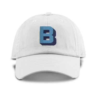 White baseball cap with a large blue letter