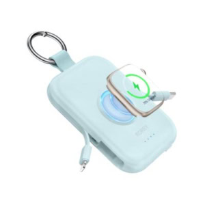 A compact, light blue portable charger with a keyring, built-in charging cable, and wireless charging pad powers a smartwatch—perfect as one of your Easter basket fillers for tech lovers.