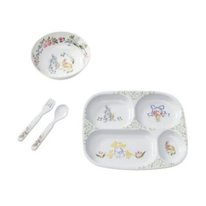 Children’s dish set with a bowl, divided plate, fork, and spoon, all decorated with floral patterns and cartoon animals—perfect as cheerful Easter basket fillers for little ones.