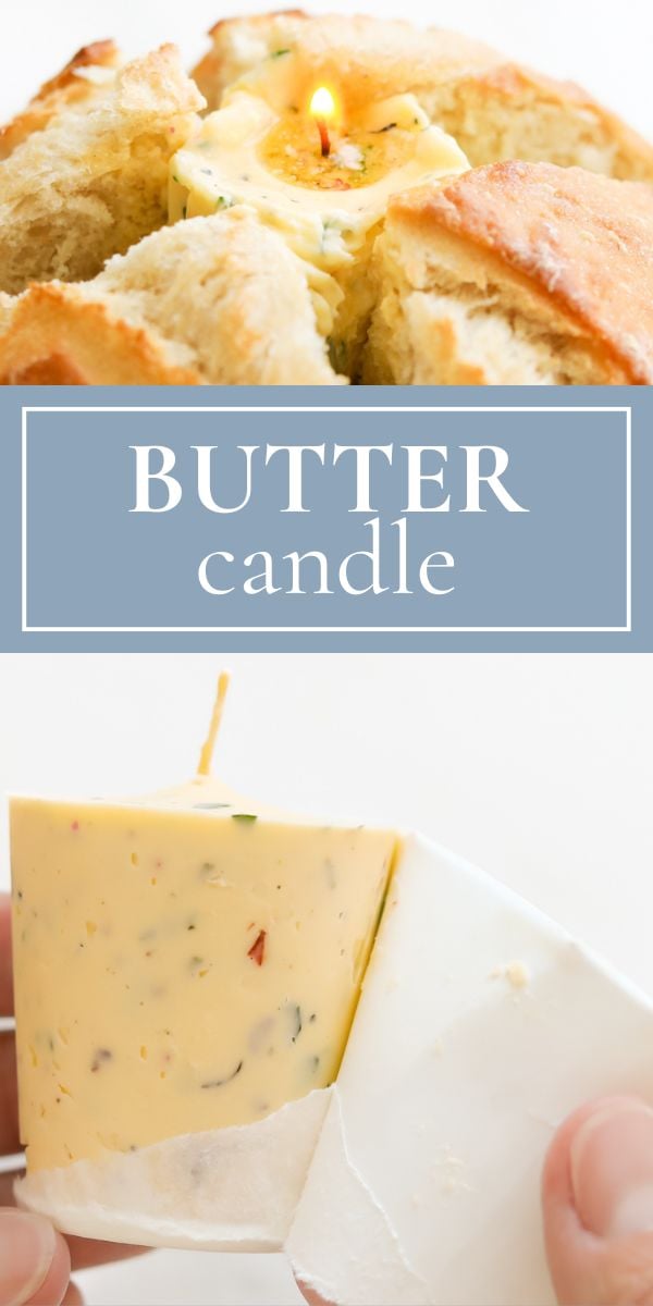 Top image: Bread loaf with a lit butter candle in the center. Bottom image: Close-up of a butter candle being unwrapped.