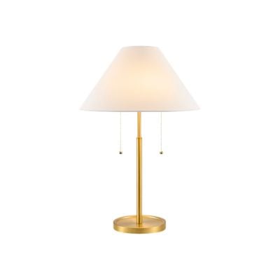 A gold table lamp with a white conical shade and two pull chains, set against a plain white background, offering a chic serena and lily look for less.