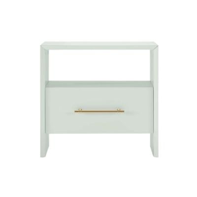 White nightstand with an open shelf on top and a single drawer below, featuring a horizontal gold handle—perfect for achieving a Serena and Lily look for less.