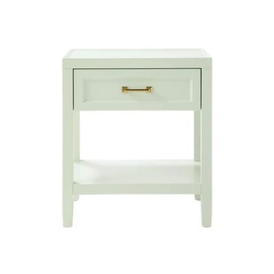 White nightstand with a single drawer featuring a gold handle and an open lower shelf, photographed against a plain white background—a perfect way to achieve the Serena and Lily look for less.