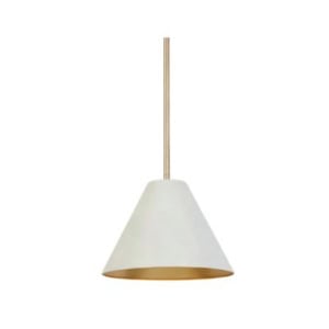 A modern pendant light with a cone-shaped white shade and a gold interior, suspended from a vertical rod, offering the perfect Serena and Lily look for less.