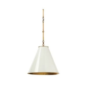 White cone-shaped pendant light with a gold interior and a brass rod suspension, photographed against a plain white background—a perfect way to achieve the Serena and Lily look for less.