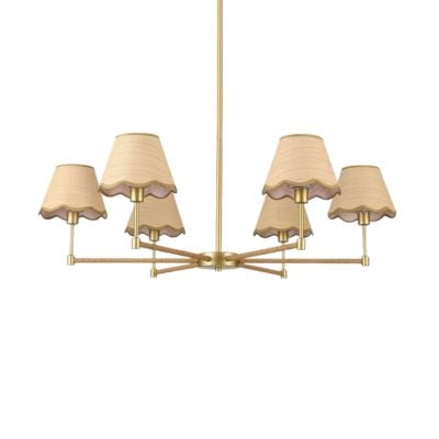A gold chandelier with six arms, each holding a beige lampshade with a scalloped edge, suspended from a central rod—a perfect choice for achieving that Serena and Lily look for less.