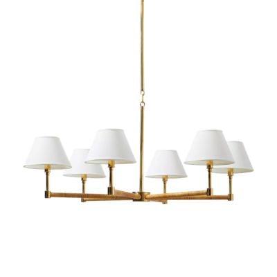 Eight-light brass chandelier with a central rod, horizontal frame, and eight white fabric lampshades evenly spaced in a circular arrangement—offering a timeless serena and lily look for less.