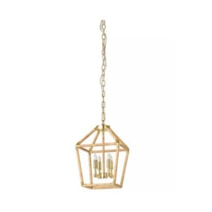 Gold geometric pendant light with three candle-style bulbs, suspended from a gold chain against a plain white background—a perfect way to achieve the Serena and Lily look for less.
