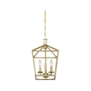 Brass lantern-style pendant light fixture with three candle-shaped bulbs, suspended from a chain—this piece offers a chic serena and lily look for less.