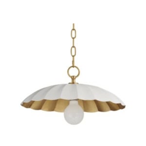 Pendant light with a scalloped white and gold shade, suspended by a gold chain, featuring an exposed round bulb—a perfect way to achieve the Serena and Lily look for less.