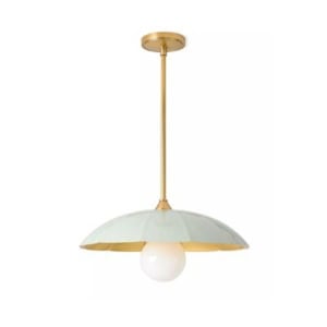 A gold pendant light fixture with a round white bulb and a wide, shallow, pale green shade, suspended from a gold rod against a white background—perfect for achieving that Serena and Lily look for less.