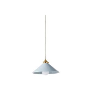 A single pendant light with a wide, blue conical shade, a gold fixture, and a visible bulb hangs from a thin white cord against a plain white background—perfect for achieving the Serena and Lily look for less.
