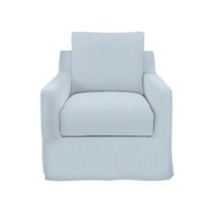 Light blue upholstered armchair with a skirted base, square arms, and a straight back, shown from the front against a plain white background—an effortless way to achieve the Serena and Lily look for less.