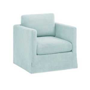 Light blue upholstered armchair with a boxy shape, straight arms, and a skirted base, shown against a white background—perfect for achieving that Serena and Lily look for less.