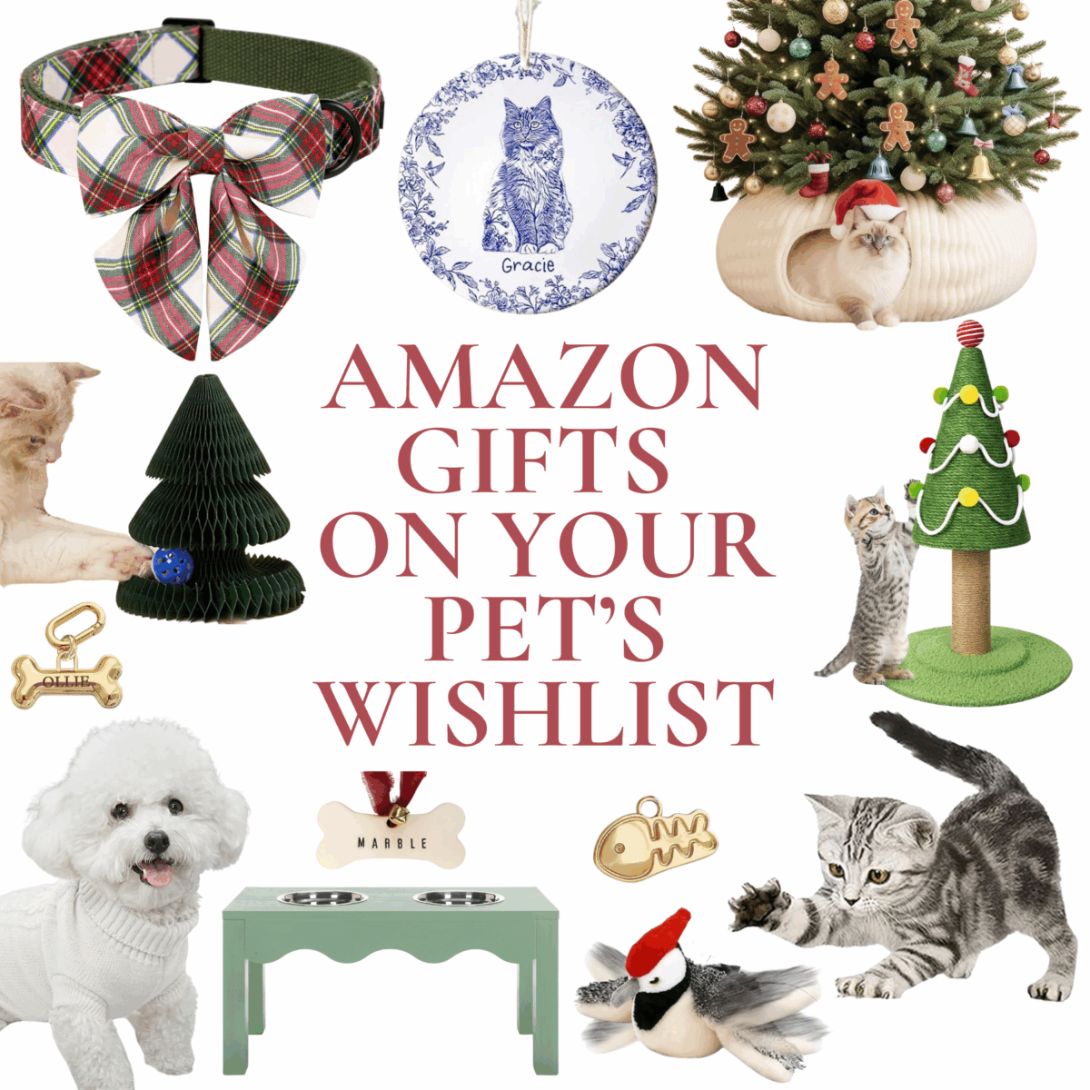 Collage of various pet products, including toys, collars, bowls, and decor, arranged around the text "Amazon Gifts On Your Pet’s Wishlist" with images of cats and a dog—perfect picks for Prime Day.