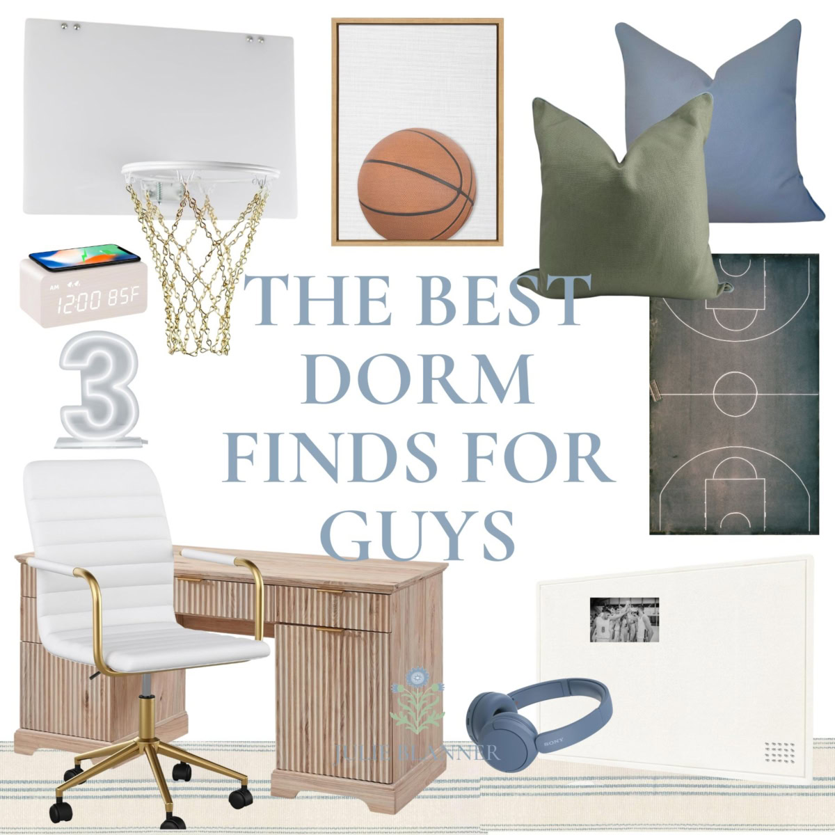 A collage of dorm room items for guys, including a desk, chair, throw pillows, basketball hoop, alarm clock, framed art, ring, and a wall photo with the text "The Best Dorm Finds For Guys.