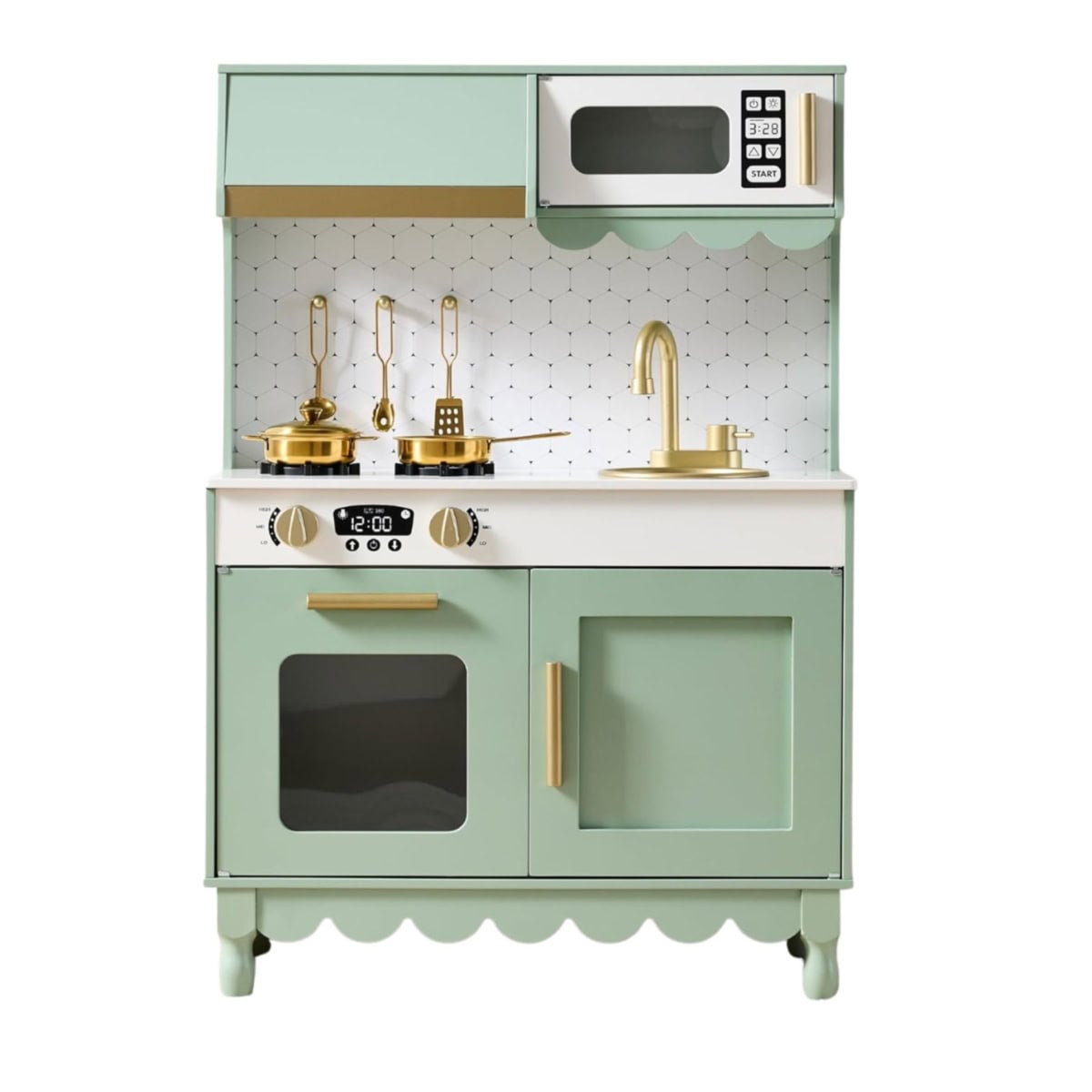 A toy kitchen set with green cabinets, a stovetop, oven, sink, and microwave, featuring gold utensils and a white backsplash with a geometric pattern.