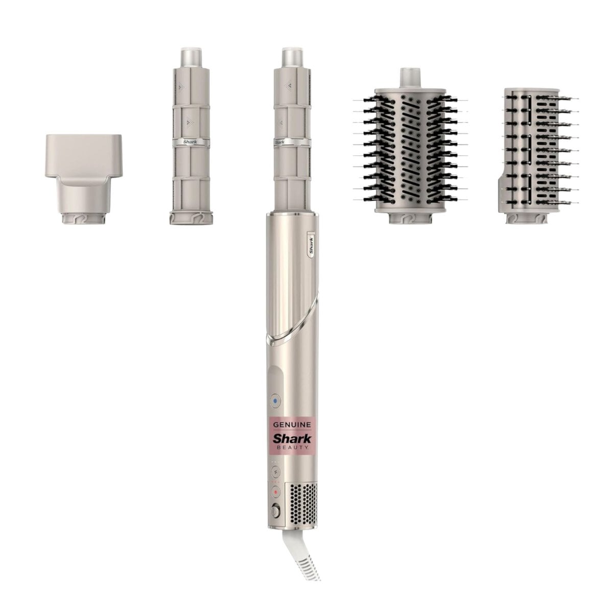 A hair styling tool with four interchangeable attachments, including a concentrator, two round brushes, and a styling barrel, displayed on a white background.
