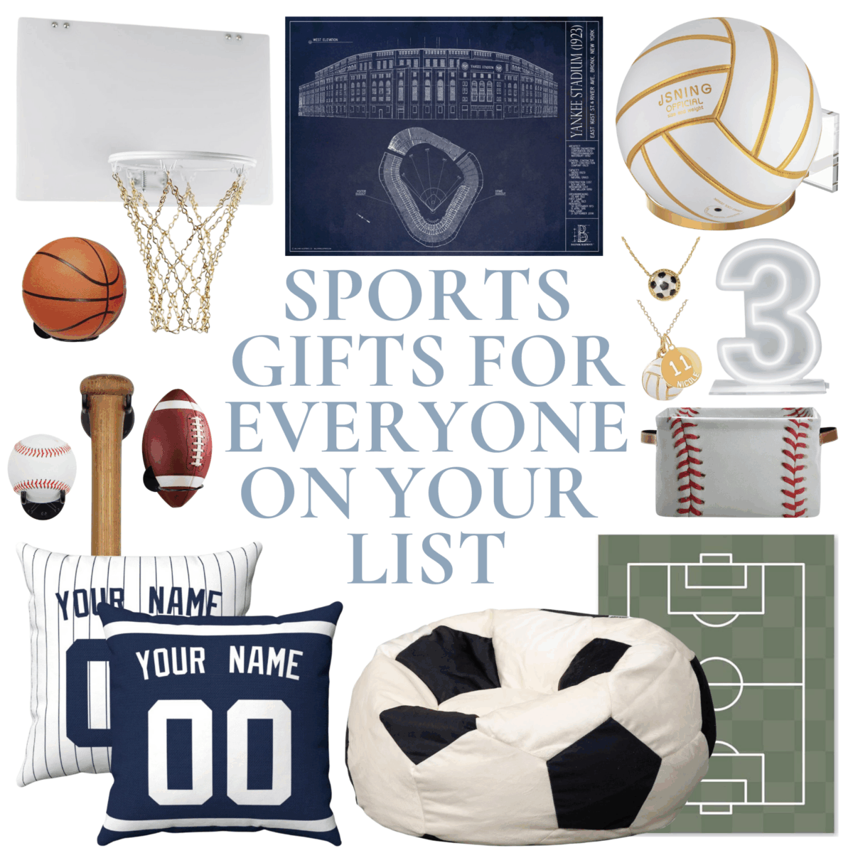 Collage of various sports-themed gifts—balls, pillows, a bean bag, a basketball hoop, and a sports field mat—with the text "Sports Gifts for Everyone on Your List." Find the perfect present this Prime Day!.