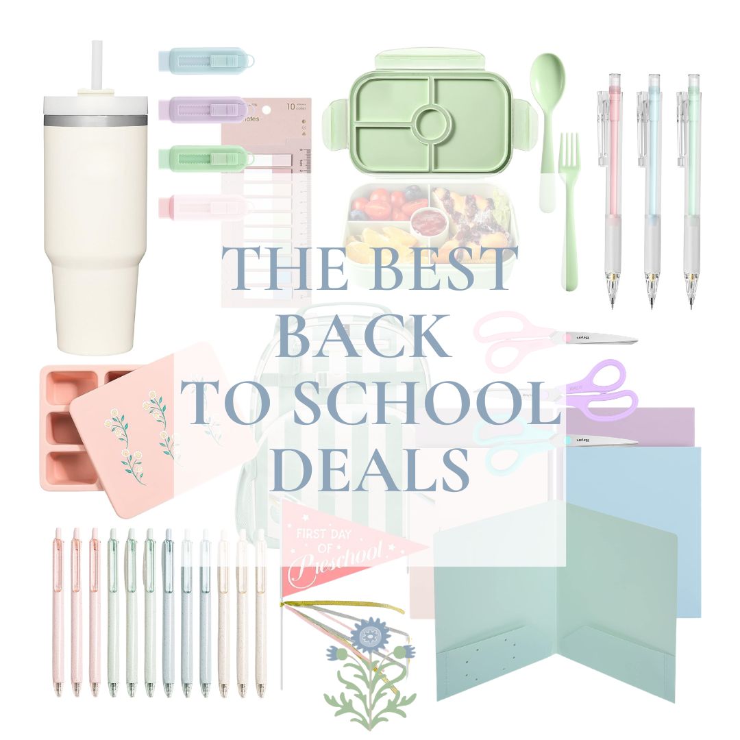 Collage of school supplies including pens, folders, scissors, lunchbox, tumbler, highlighters, and ice trays with the text "The Best Back to School Deals" in the center.