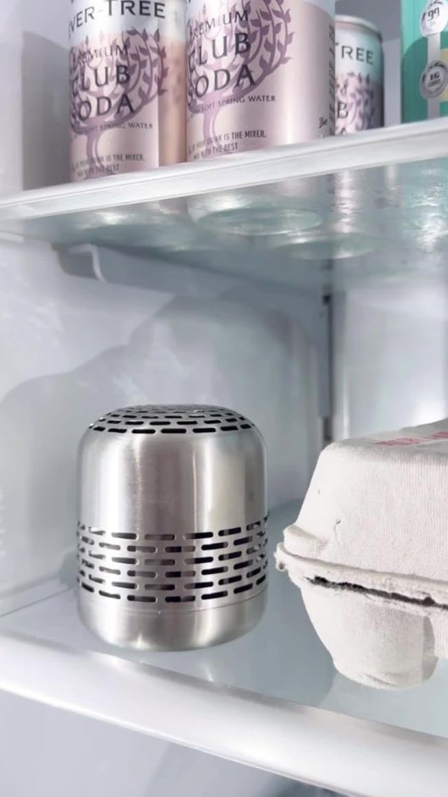 A stainless steel canister and an egg carton are on a refrigerator shelf, with cans of club soda on the shelf above.