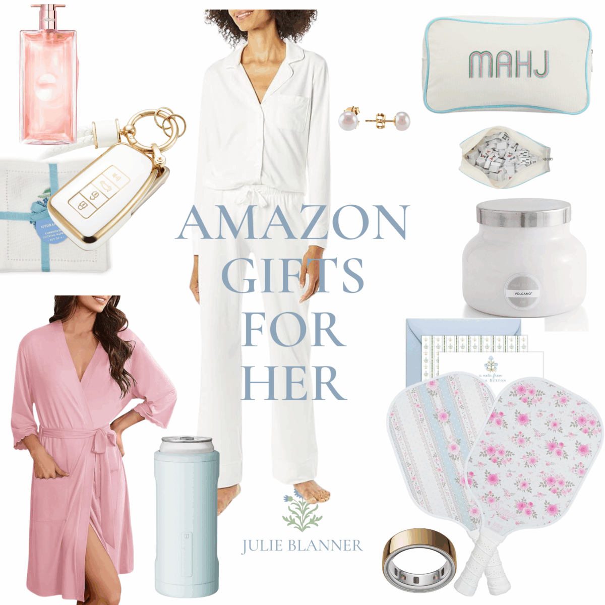 A collage of women's gift items—including pajamas, a robe, perfume, candle, insulated tumbler, jewelry, monogram pouch, bath brushes, and keychain—with "Amazon Gifts for Her" and a prime day theme in the center.