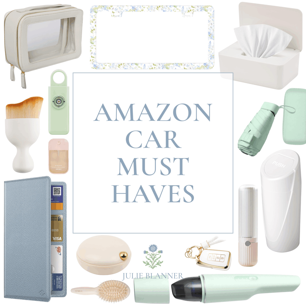 A collection of car essentials from Amazon, perfect for Prime Day, including a tissue box, mini vacuum, umbrella, card holder, lint roller, brush, and hand sanitizer arranged around a central title.
